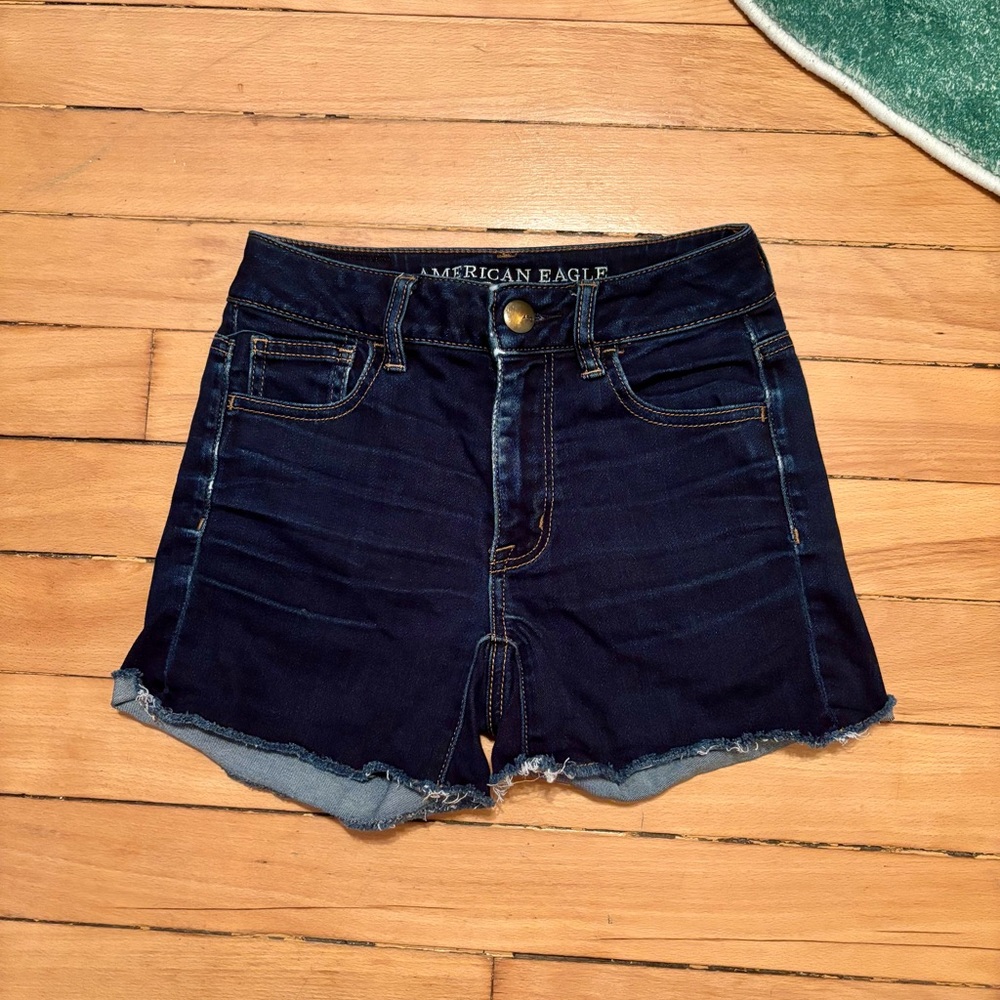 American Eagle Outfitters Blue Jean Shorts Frayed Hem High Waisted, Size 0